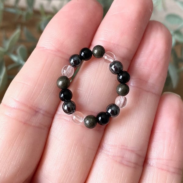 Tiny Bead Gemstone EMF Protection Ring 