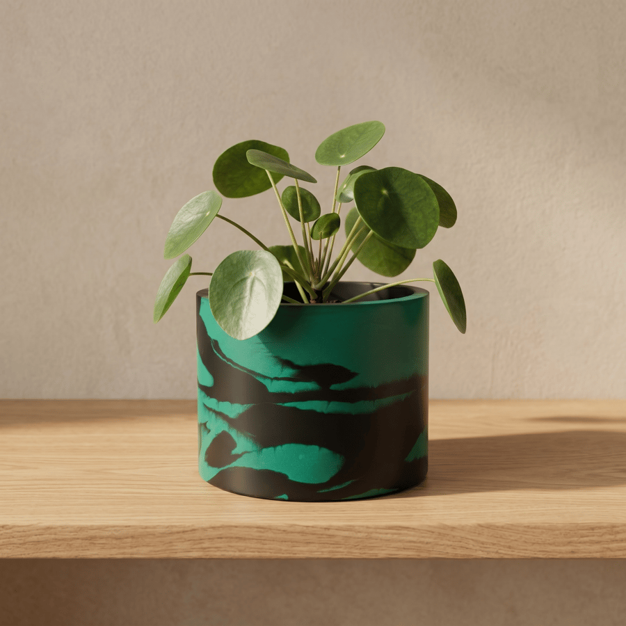 Large Round 15 cm Persian Green and Black Marbled Plant Pot for Houseplants