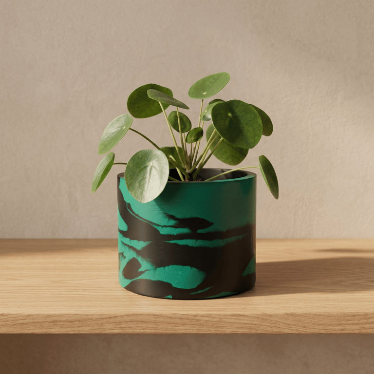 Large Round 15 cm Persian Green and Black Marbled Plant Pot for Houseplants