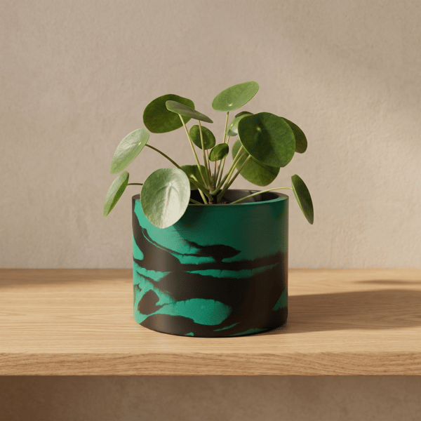 Large Round 15 cm Persian Green and Black Marbled Plant Pot for Houseplants