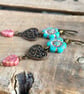 Colourful Turquoise Czech Glass Anemone Flower Earrings with Rose Pink Leaves - Image 4