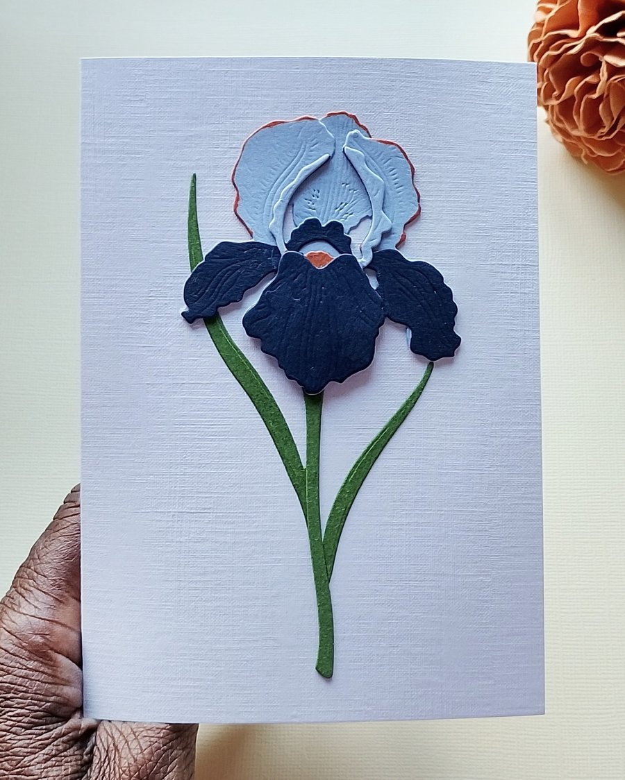 Blue Paper Iris - Flower Shop Moments, Blank Handmade Floral Card 