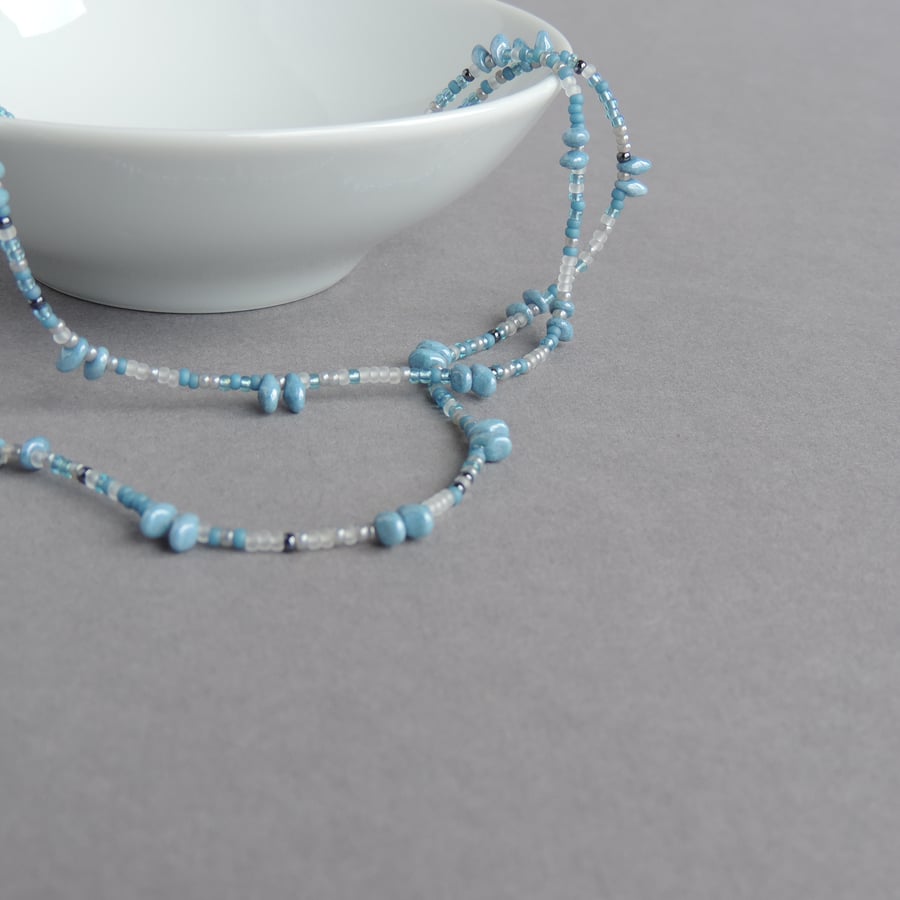 Long Powder Blue Necklace - Pale Blue Beaded Necklaces - Duck Egg Blue Jewellery