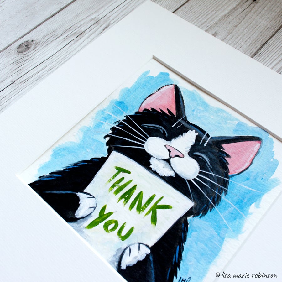 Thank You Black & White Cat - Original Acrylic Painting 6x6