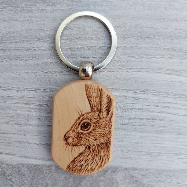 Hare Pyrography Wood Keyring. Gift for Countryside Lovers