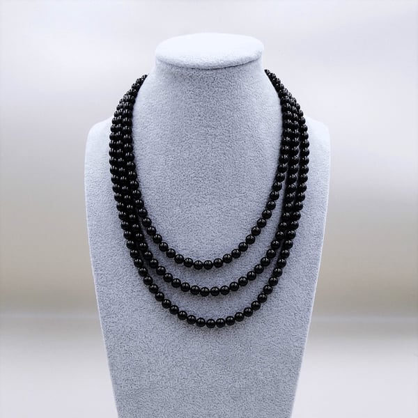 Elegant multi row Mystic black pearl necklace. Silver clasp.  Gift for her