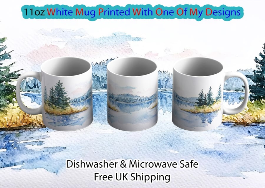 Lake Forest Watercolor Mug, 11oz Scenic Nature Coffee Cup