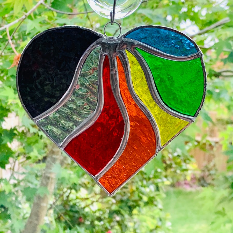 Stained Glass Wavy Heart Suncatcher - Multi Rainbow