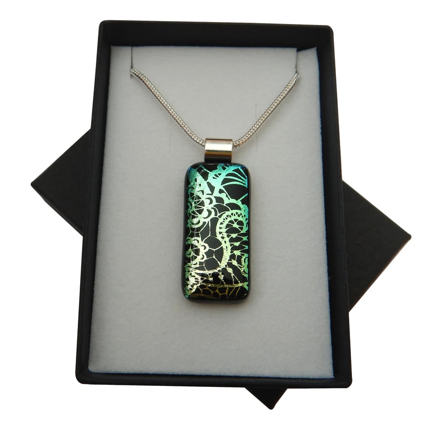 HANDMADE FUSED DICHROIC GLASS TURQUOISE BLUE 'LACE' PENDANT.