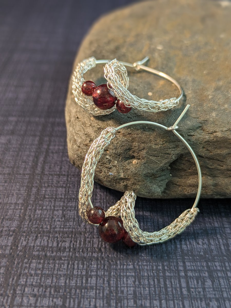 Garnet and Woven Silver Hoop Earrings