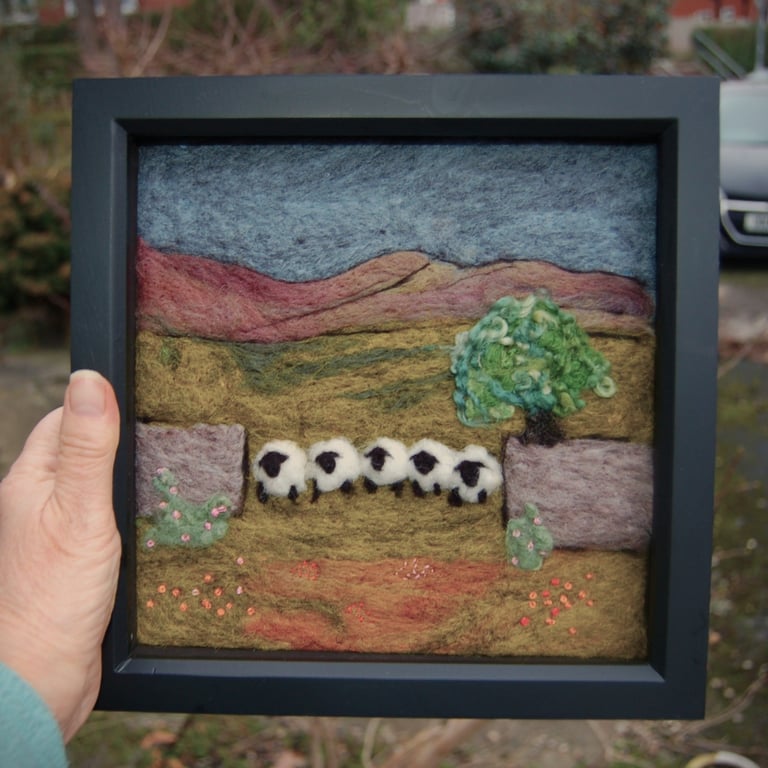 Five sheep stonewall wool painting.  Needlefelt picture with hand embroidery