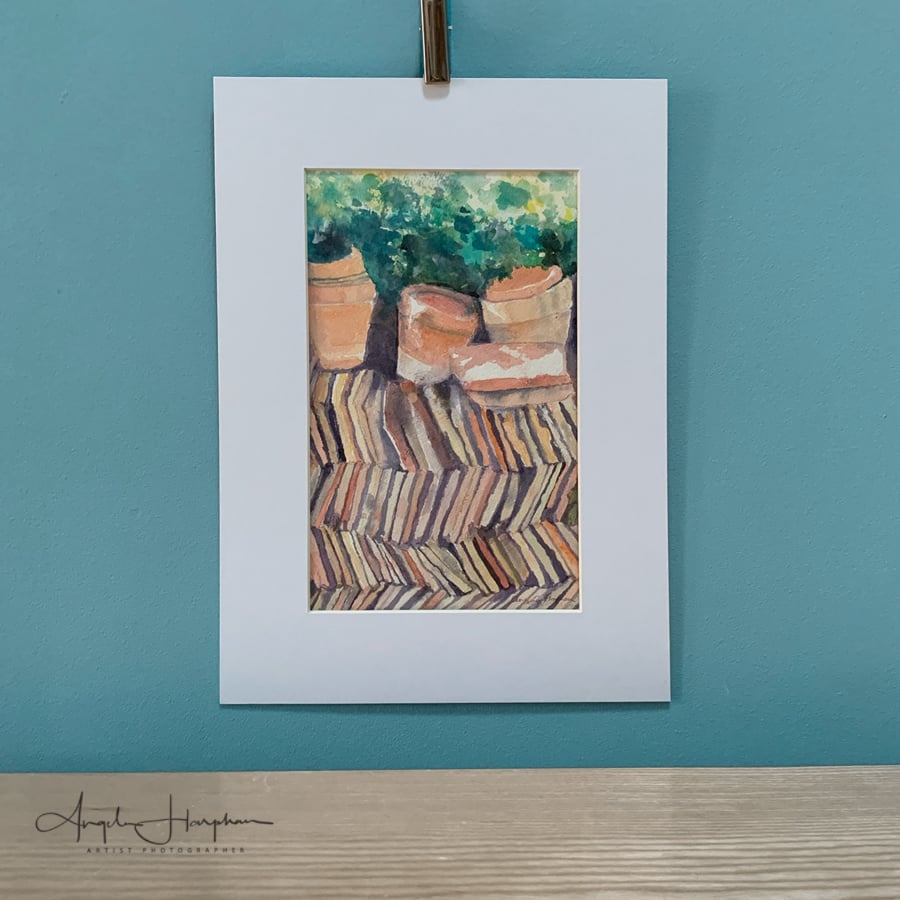 Vezelay Plant Pots and Tiles Watercolour Painting
