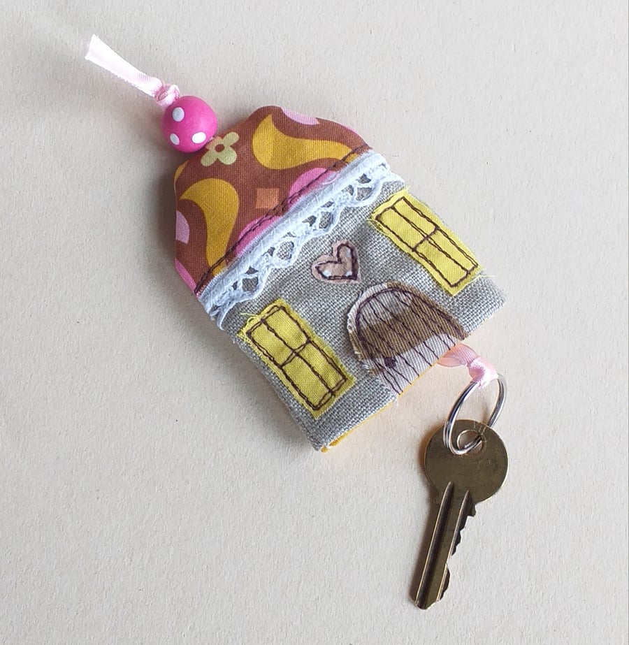 Keyring Pouch in the Shape of a House (Pink and Yellow)