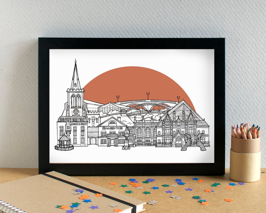 Bedford Landmarks Skyline Art Print