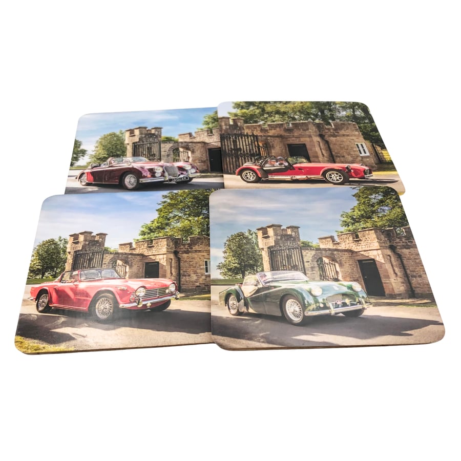 Set of 4 Square Corked Back Coasters featuring Open Top Vintage Cars