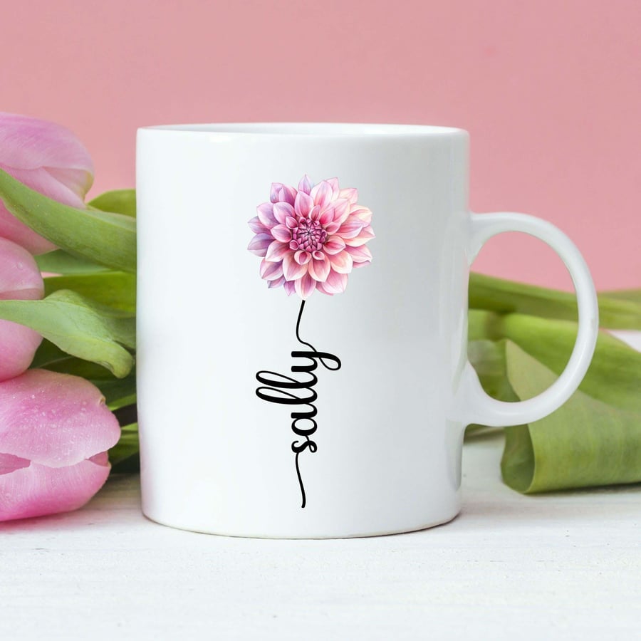 Personalised Dahlia Mug, Flower Gift, Dahlia gift for her, Birthday Dahlia Mug