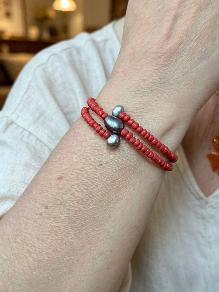 Adjustable Wire Wrapped Red Seed Beads & Natural Freshwater Pearl Bracelet