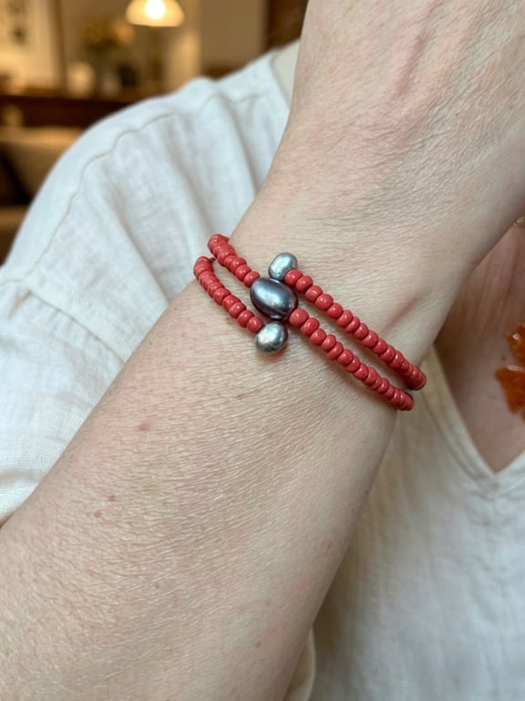 Adjustable Wire Wrapped Red Seed Beads & Natural Freshwater Pearl Bracelet