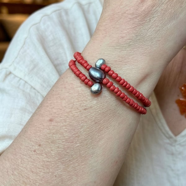 Adjustable Wire Wrapped Red Seed Beads & Natural Freshwater Pearl Bracelet