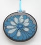free motion and hand embroidered floral textile hoop original art turquoise blue - Image 2