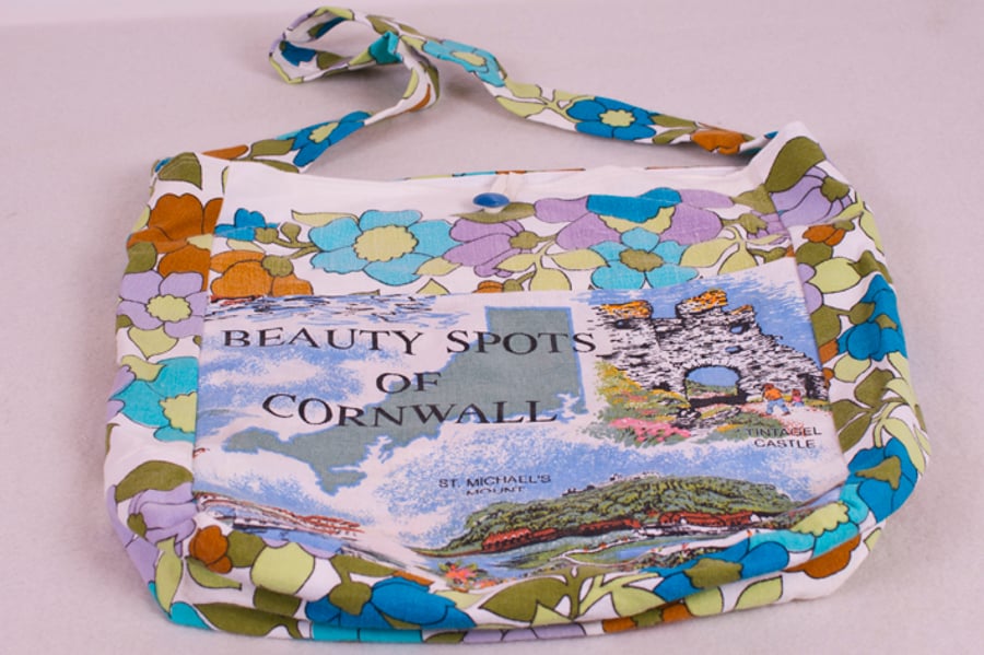 Unique  One of  Kind Upcycled Tea Towel Bag - Scenes of Cornwall