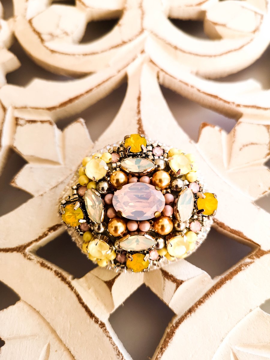 Swarovski crystal embellished beaded pastel yellow and pink handmade brooch