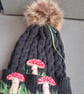 Bobble Hat cabled wool faux fur pompom beanie black  - Image 4