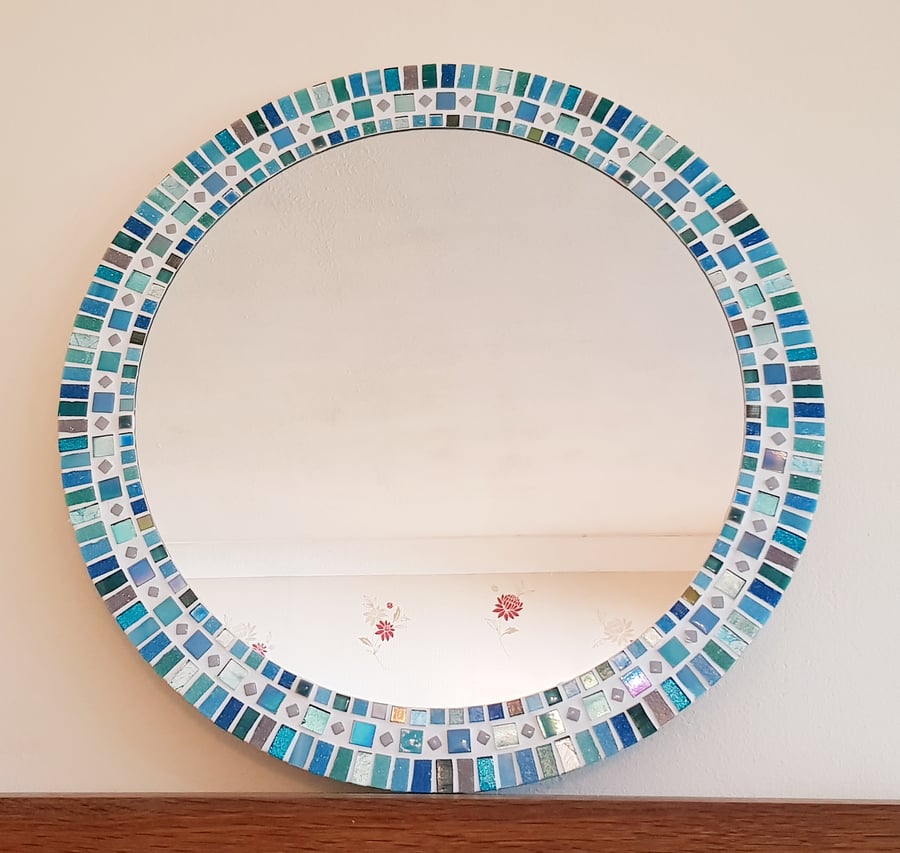 Large Round Mosaic Wall Mirror in Turquoise, Teal & Grey 50cm Bathroom Mirror