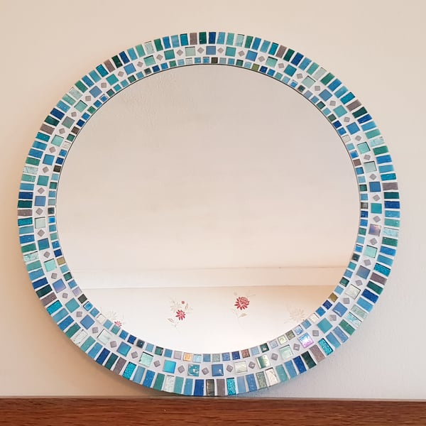 Large Round Mosaic Wall Mirror in Turquoise, Teal & Grey 50cm Bathroom Mirror