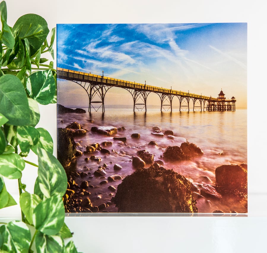 Clevedon Pier Blank Greetings Card Severn Estuary Somerset sunset sea coast UK 