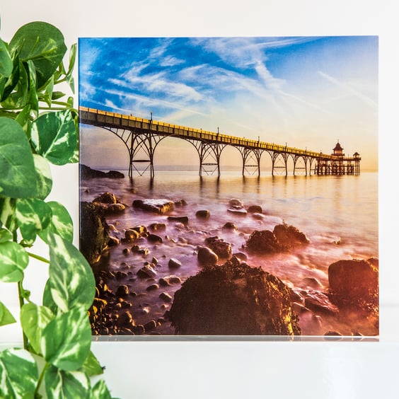 Clevedon Pier Blank Greetings Card Severn Estuary Somerset sunset sea coast UK 