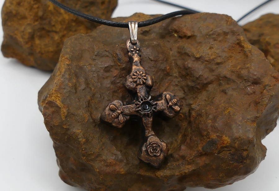 Summer Seconds Recycled Copper Cross Pendant Necklace, January Birthstone Garnet