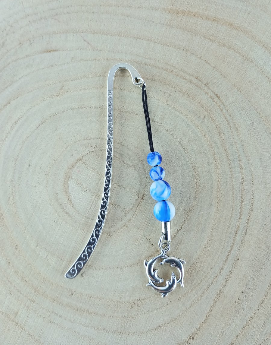 Marine Animals Bookmark - Metal Bookmark Embellished With Dolphins & Blue Beads