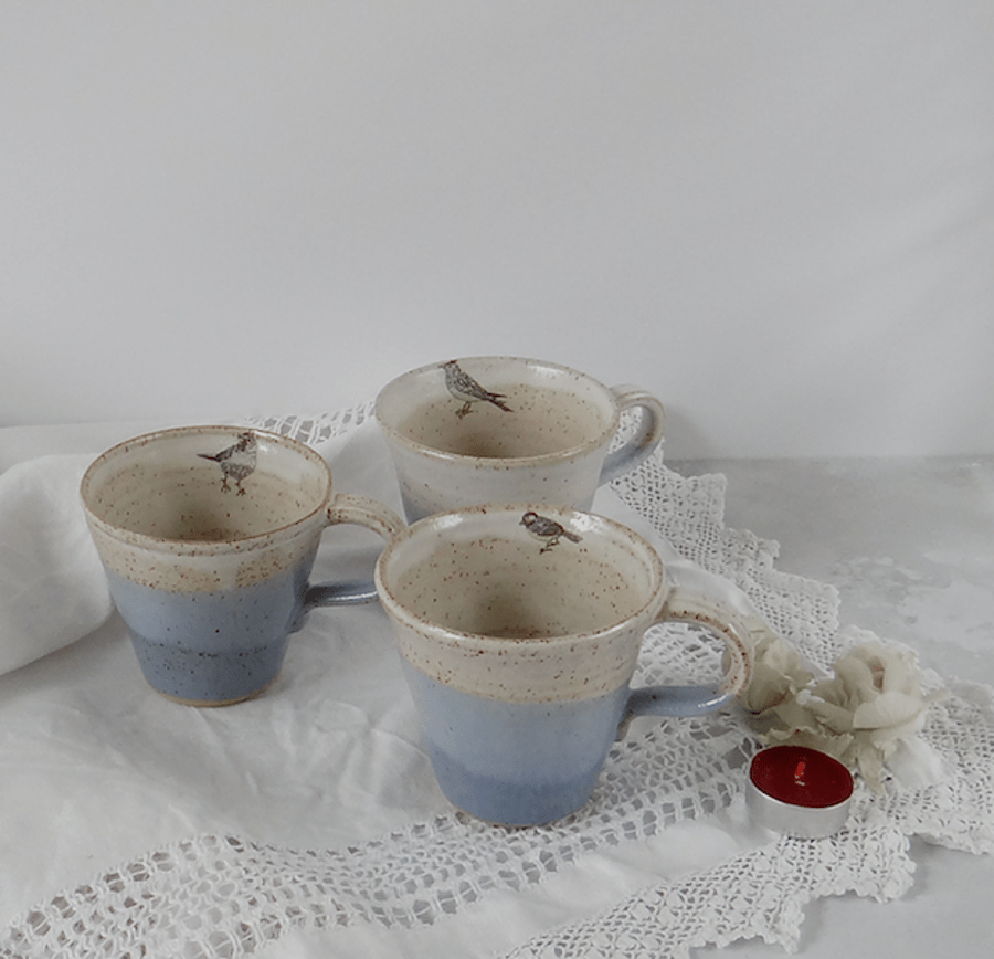 Blue and white ceramic mug with bird image - handmade stoneware pottery