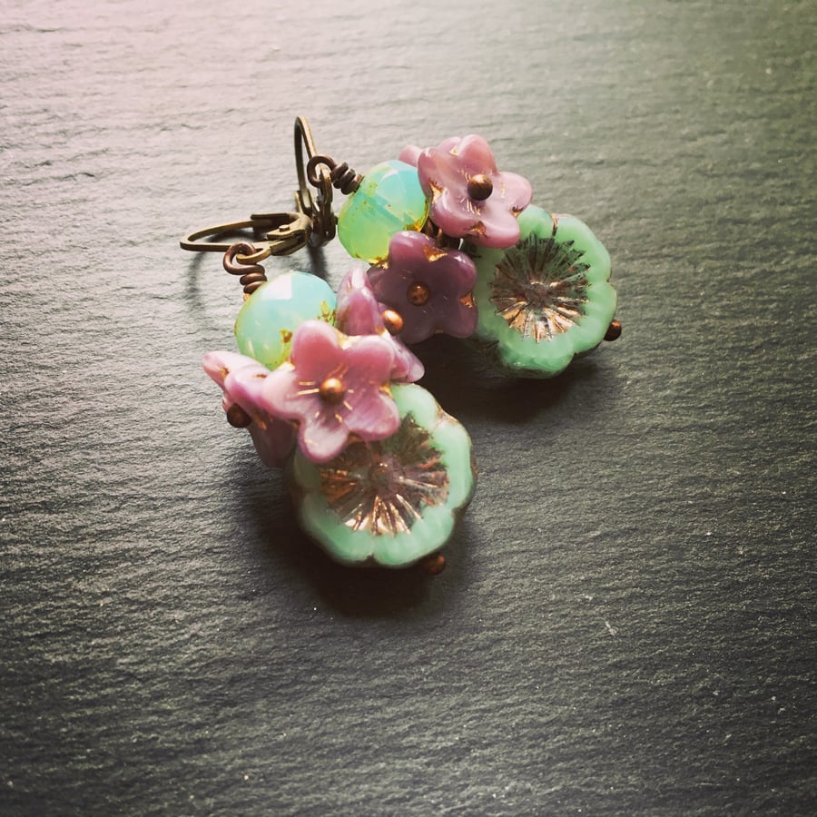 Czech Glass Earrings Czech Flower Cluster Earrings Czech Table Cut Bloom Earring