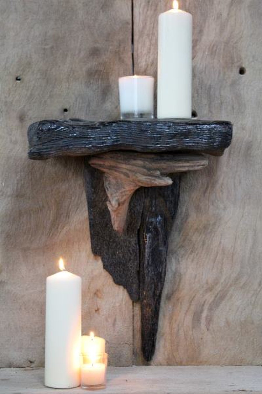 Driftwood candle Holder, Driftwood shelf, Beach fire remains, Candle sconce