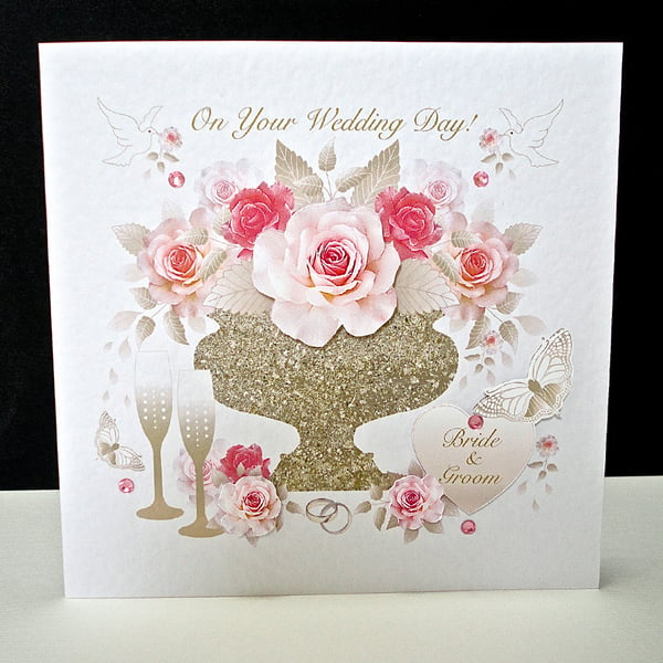 Pink Rose Display Wedding Handmade Card