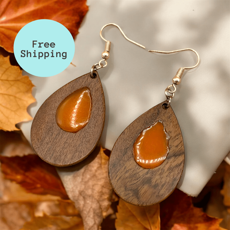 Fall-Inspired Resin & Wood Teardrop Earrings - Chic & Lightweight
