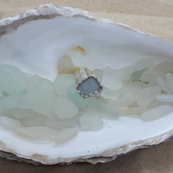 Light grey sea glass ring
