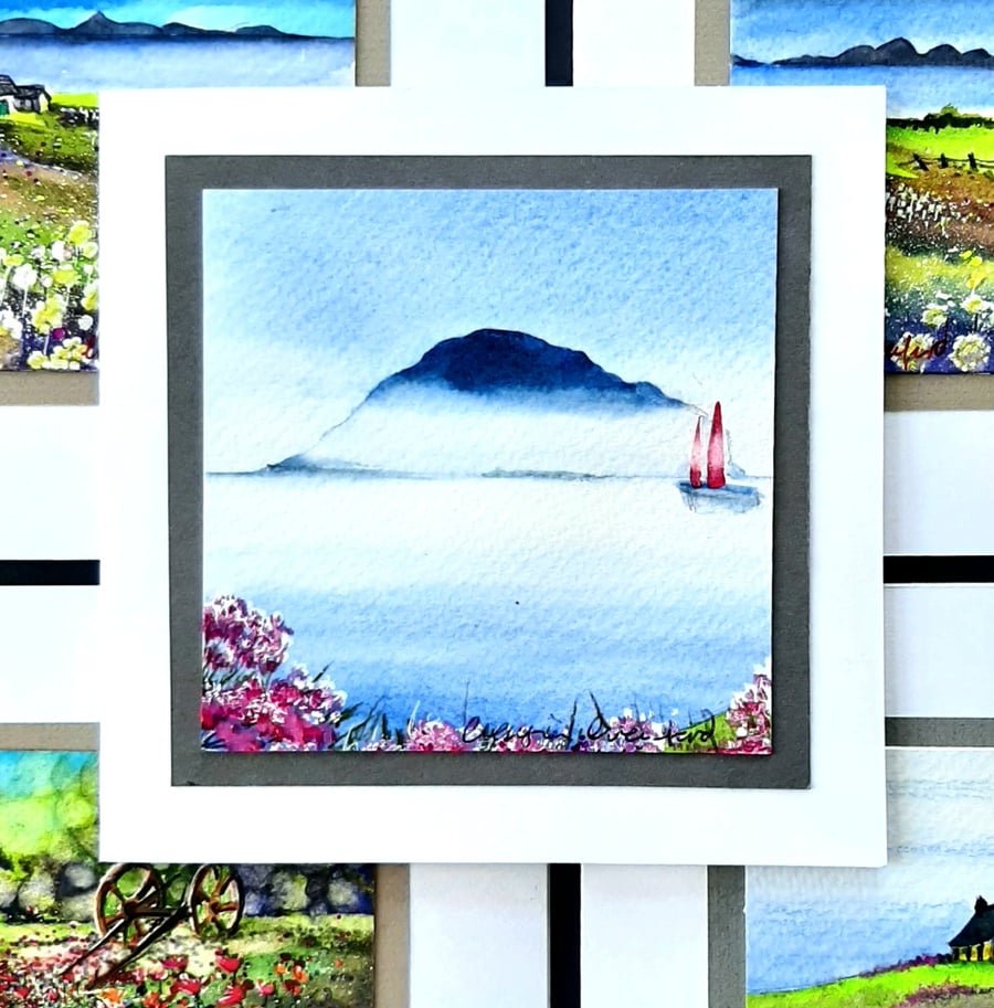 Open Occasion Card Of Ailsa Craig Scotland And Sea Pink  Blank Inside