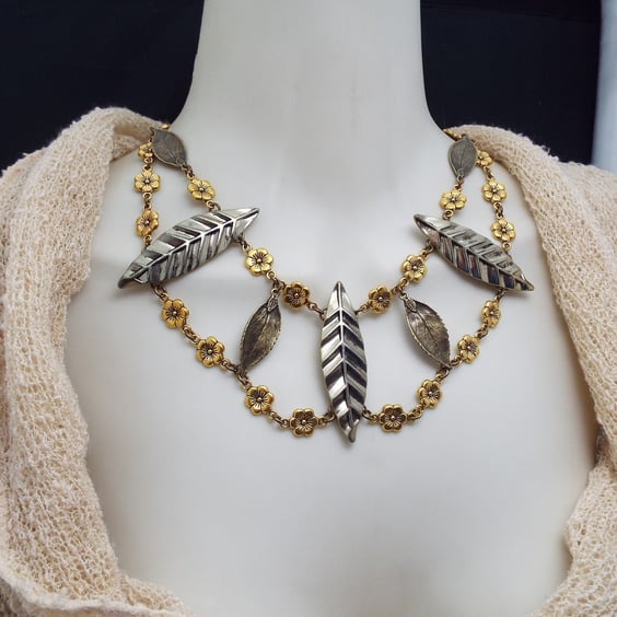 Leaf Collar Necklace, Antique Effect Bib, Flowers & Leaves Statement Jewellery