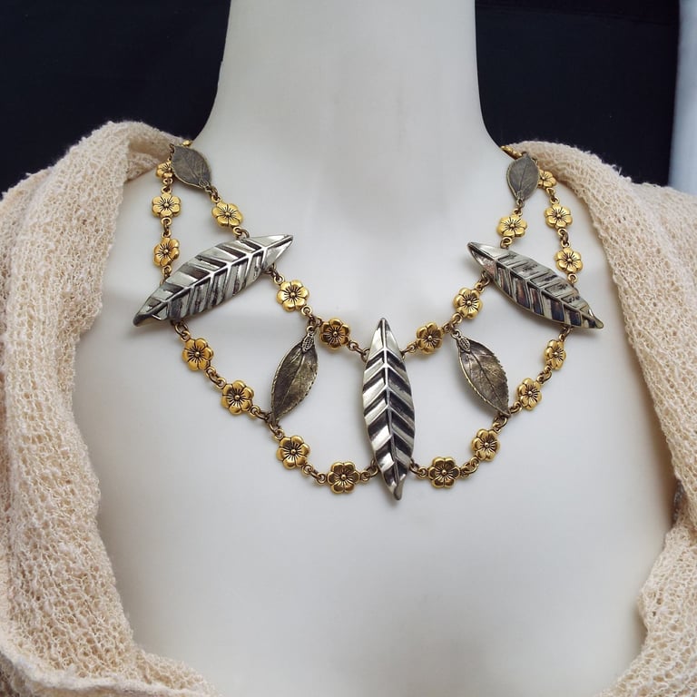 Leaf Collar Necklace, Antique Effect Bib, Flowers & Leaves Statement Jewellery