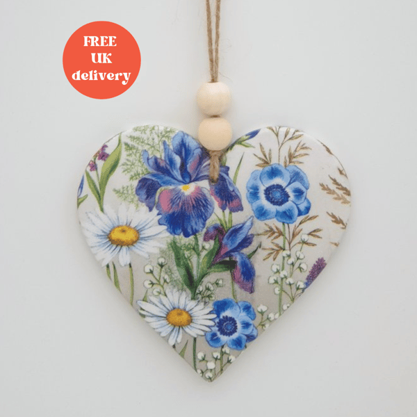 Floral clay heart hanging decoration, meadow flowers, letterbox gift for her