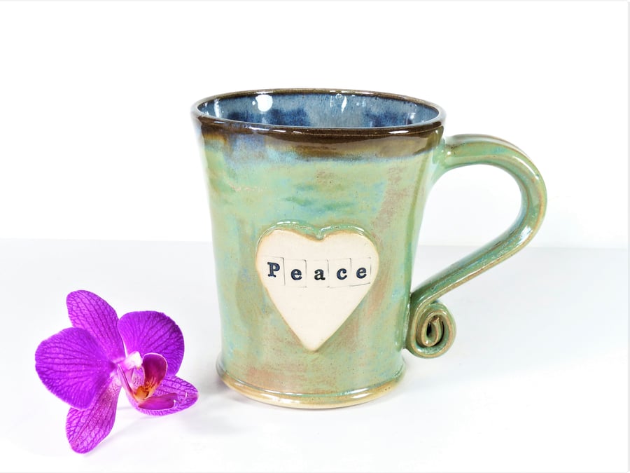 Peace and Love -  Green Mug,  Ceramic Pottery Stoneware UK Wheelthrown 