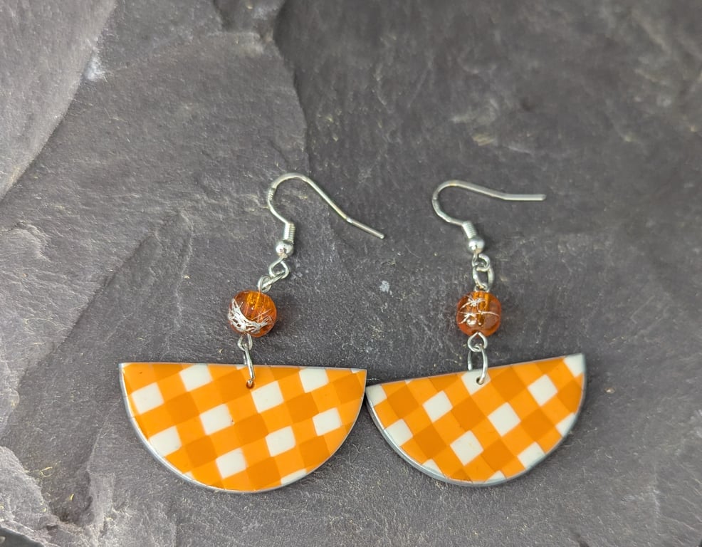 Handmade Orange Gingham Earrings – Lightweight Polymer Clay with Amber Bead