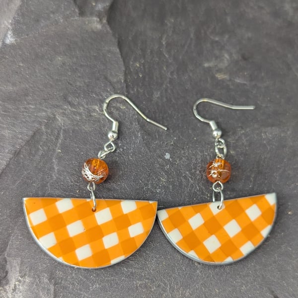 Handmade Orange Gingham Earrings – Lightweight Polymer Clay with Amber Bead