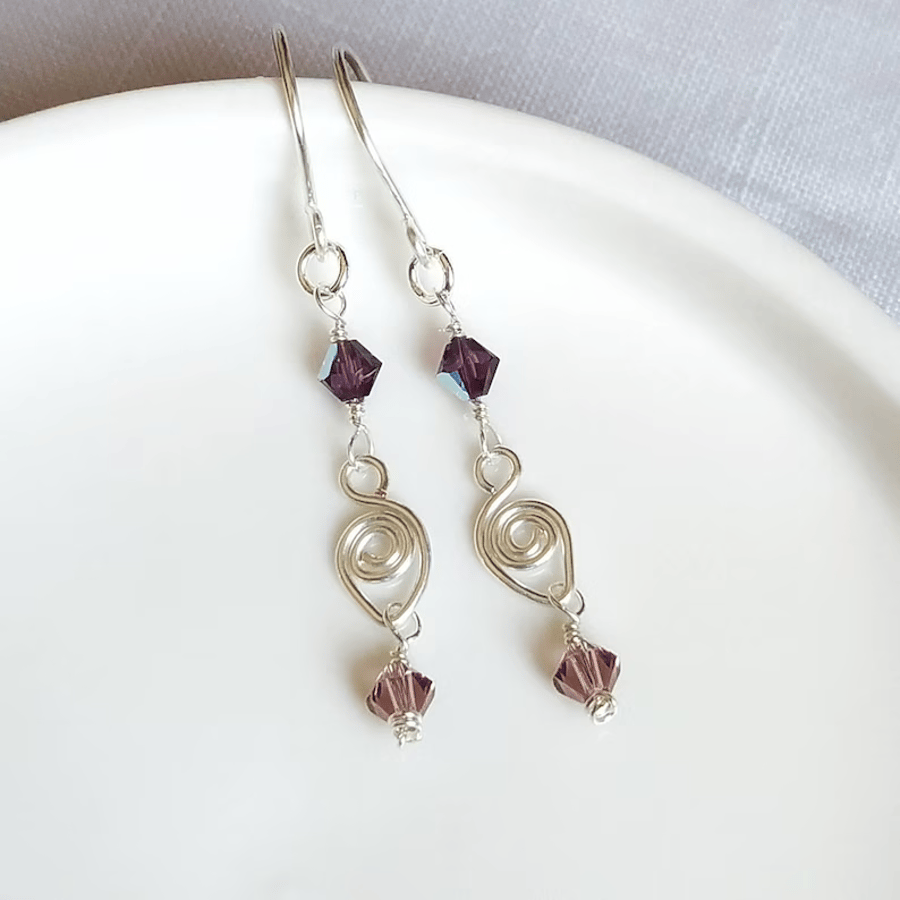 Little Spiral Silver Drop Earrings with Pink and Purple Swarovski Crystal Beads