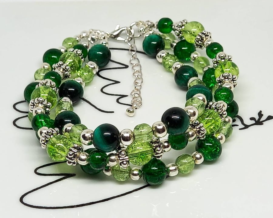 SALE - Adjustable green multi strand green tiger's eye & glass bracelet 