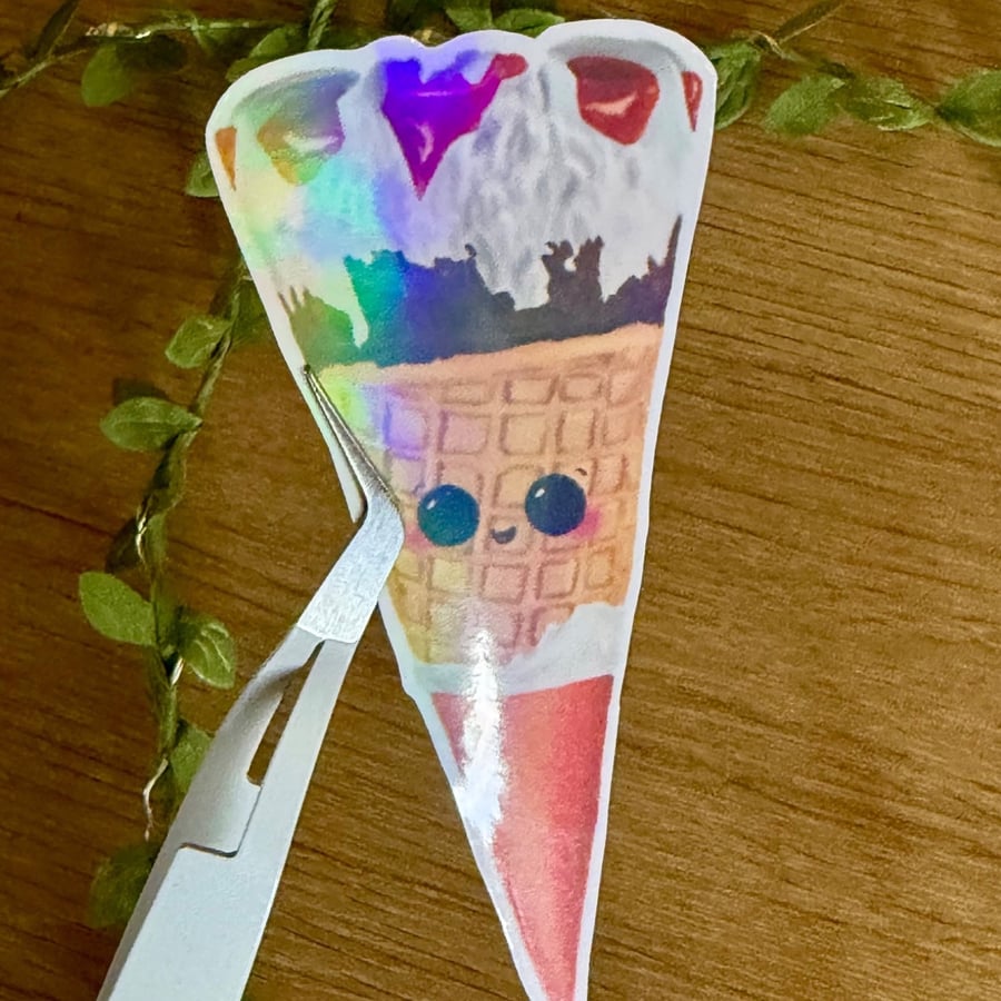 Holographic Ice Cream Cone - Cute Retro Waffle Lolly Vinyl Sticker