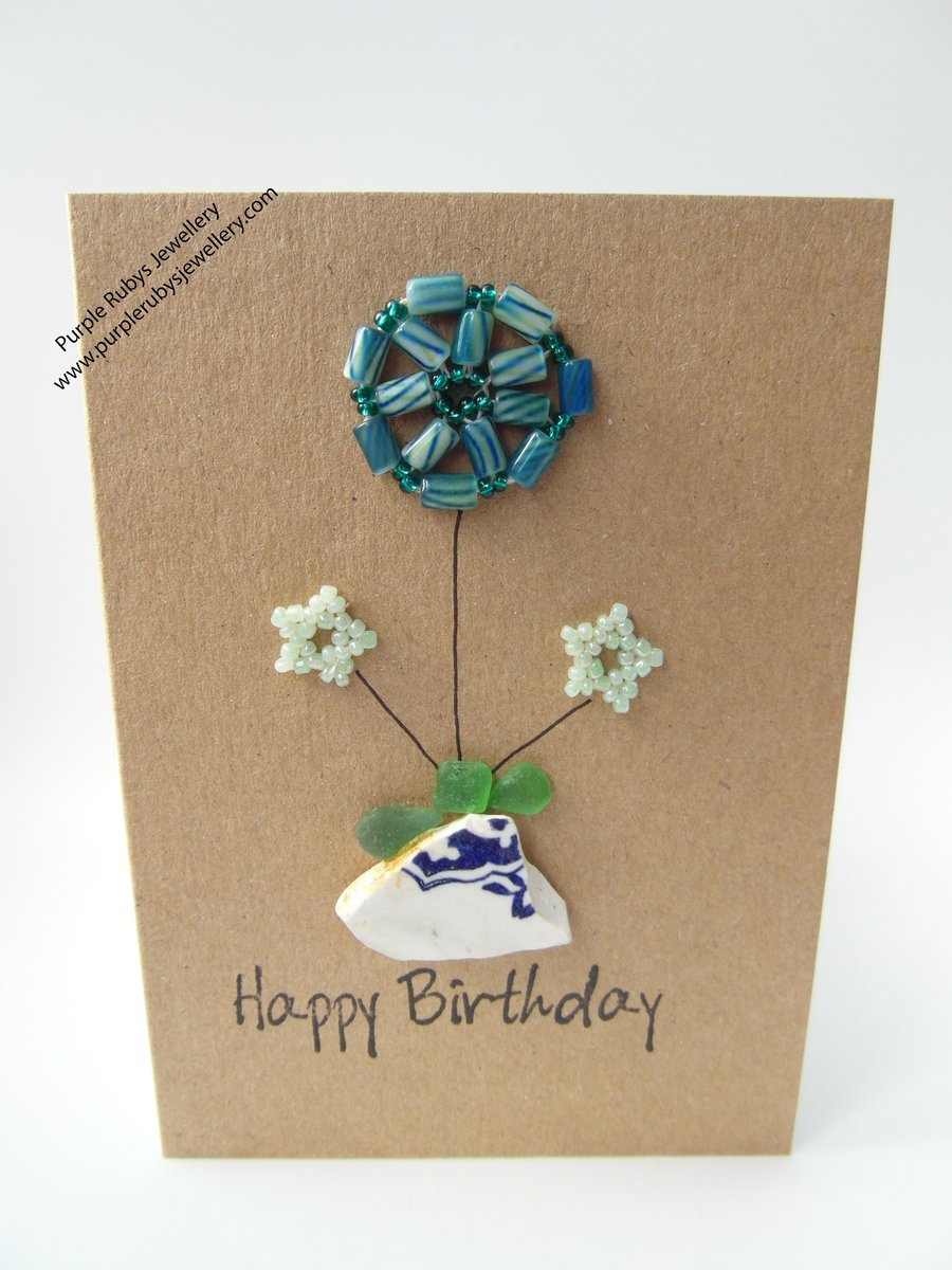 Sea Pottery & Green Beaded Flowers Birthday Card C067